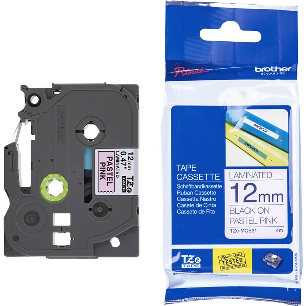 Fita Brother TZE-MQE31 12mm Preto sobre Rosa Pastel - Impressorajato